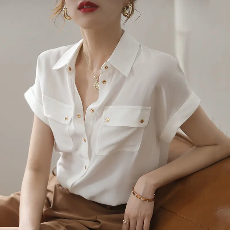 Office Lady Solid Color Chiffon Shirt Stylish Pockets Patchwork 2024 Summer Korean Basic Polo-Neck Casual Single-breasted Blouse