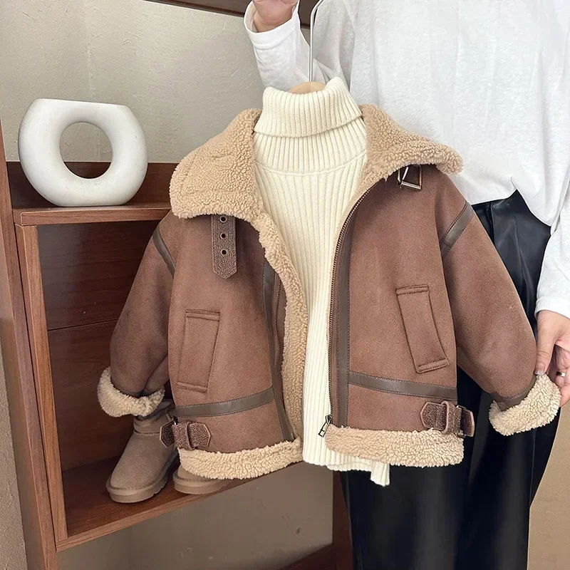 

Cashmere Leather Jacket Winter Keep Warm Boys Jacket Thick Lining with Plush Fur Collar Hooded Heavy Coat for Kids Girls Coats