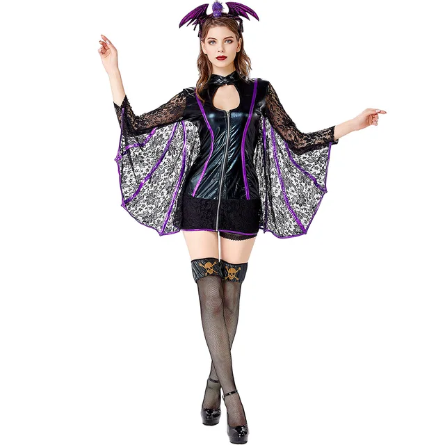 Women Vampire Bat Costume Adult Cosplay Jumpsuit Halloween Fancy Dress