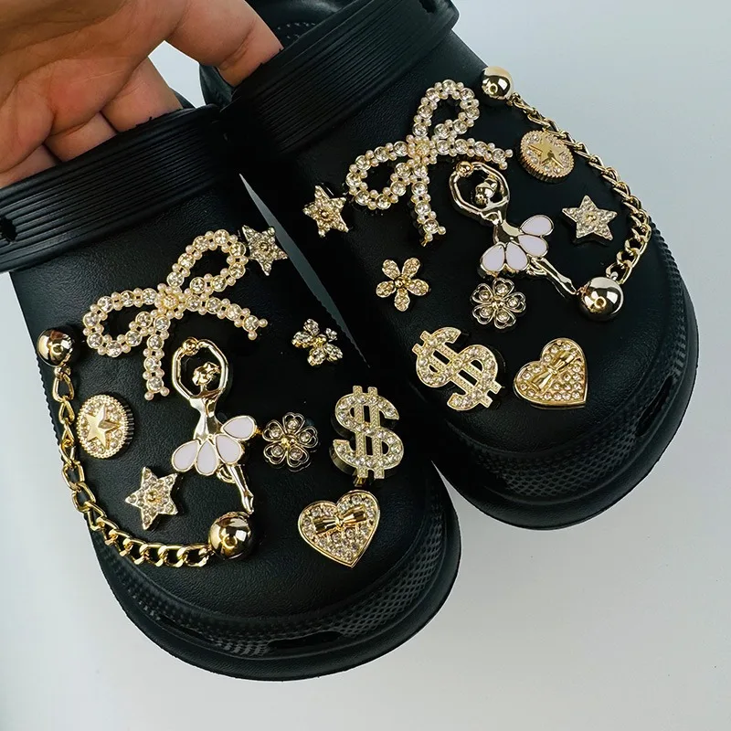 20PCS Luxus Schuh Charms Set Zubehör Loch Schuh Schnalle Goldene Strass Bogen Ballett Mädchen Niet Kette DIY Schuhe Dekorationen – Detail 9