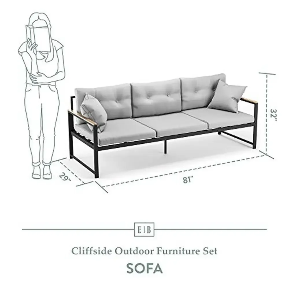 Modern Outdoor Metal Sofa with Plush Cushions and Throw Pillows Patio Porch Deck Yard Mix and Match Seating and Tables Charcoal 2