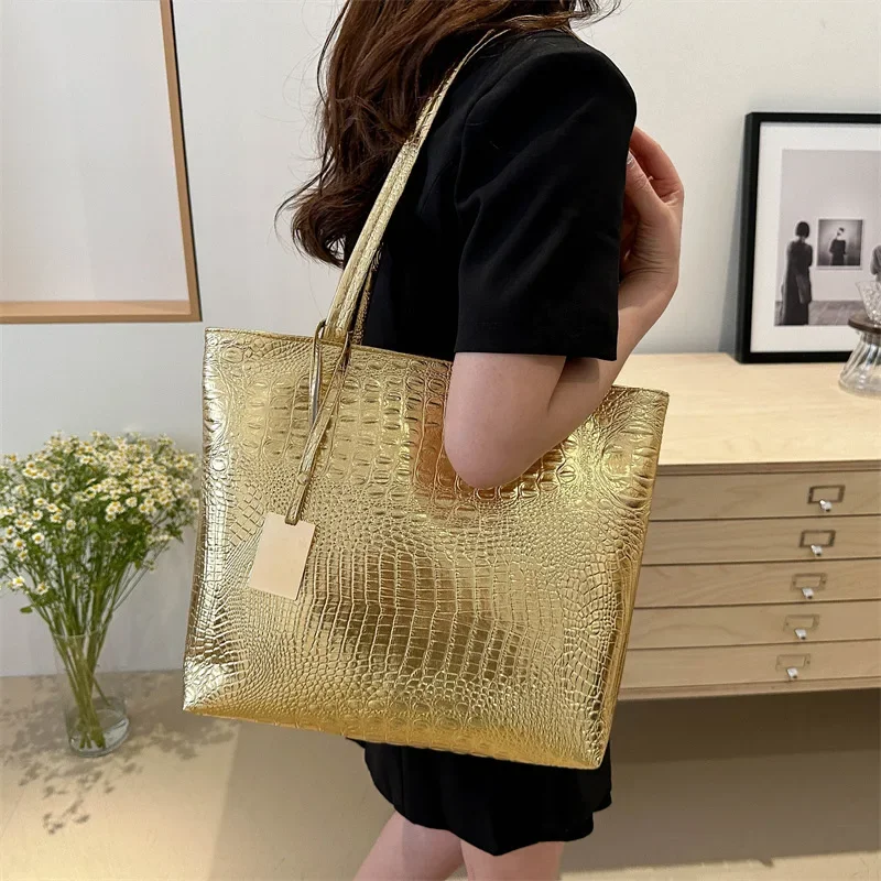 Fashion Casual Women Shoulder Bags Silver Gold Black Crocodile Handbag PU Leather Female Big Tote Bag Ladies Hand Bags Sac