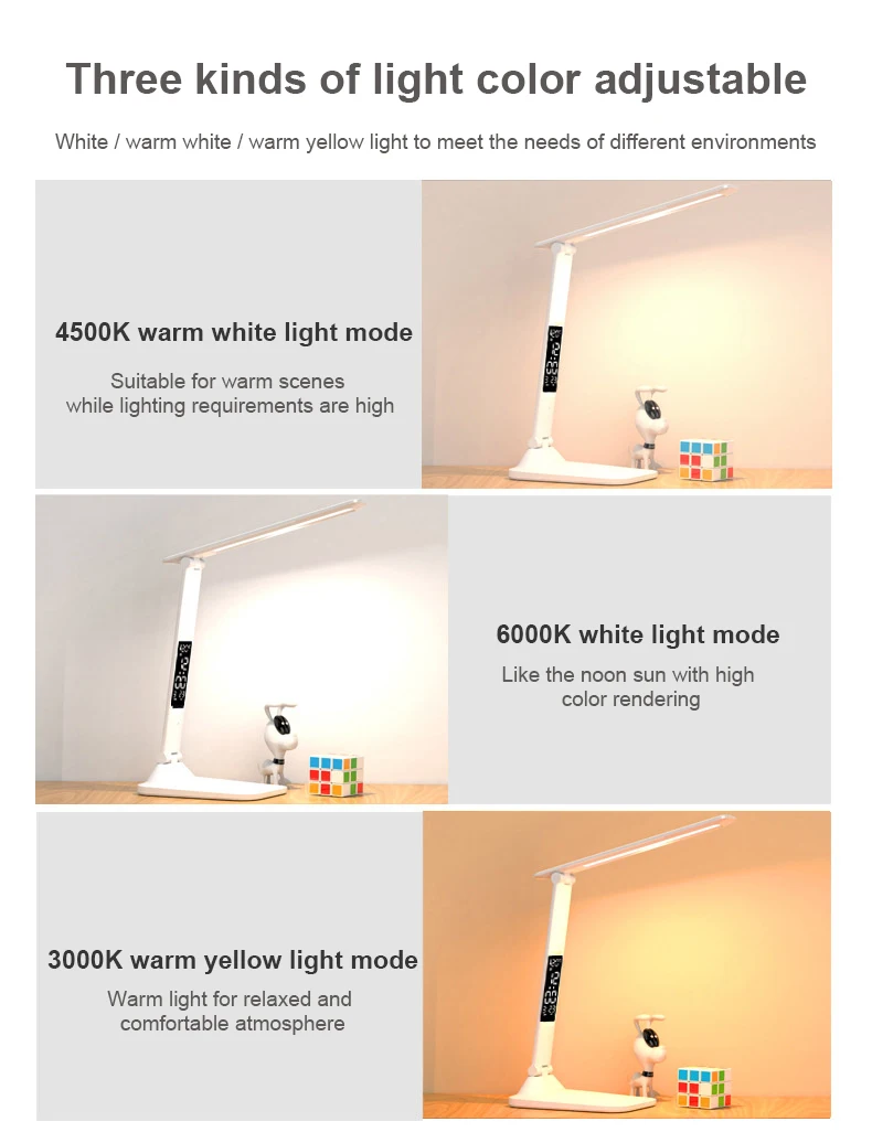 LED 시계 테이블 램프, USB 충전식 조도 조절 데스크 램프, 2 헤드 180 회전 접이식 눈 보호 독서 야간 조명