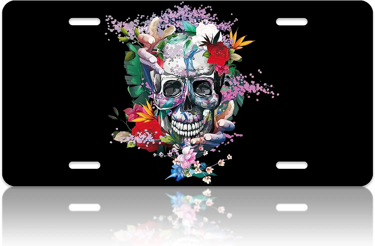 

Rose Skull with Flower Car Front License Plate Cover Colorful Candy Skull Floral Personalise License Plate Metal Car Plates Tag