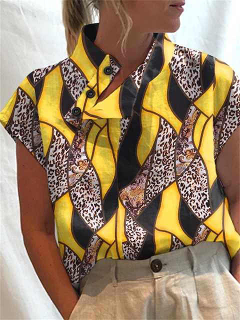 Celmia Women Short Sleeve Blusas 2022 Summer Cotton Linen Shirts Fashion Oversized Blouses Casual Loose Camisas Solid Tunic Tops Yellow (Leopard 2)
