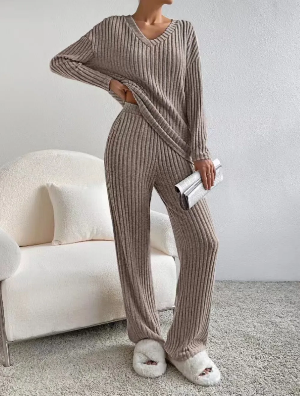 Women 2pcs Knitted Loungewear Set Loose Long Sleeve Sweater Straight Pants Headband Pajamas Loungewear Pajama Set Two Piece Set