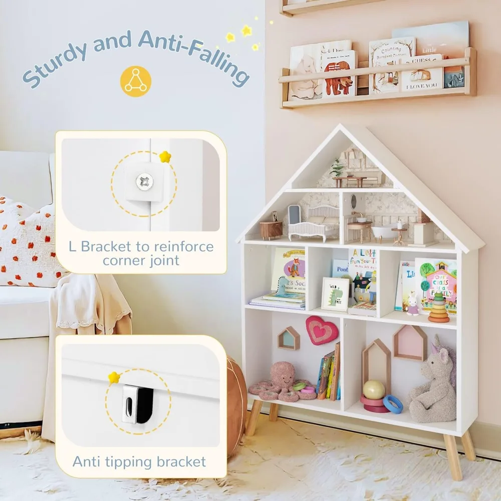 Kids Dollhouse Bookshelf and Baby Storage - Wooden Stand Dollhouse Bookcase with 4-Tier Storage Display Organizer, Children Book 4
