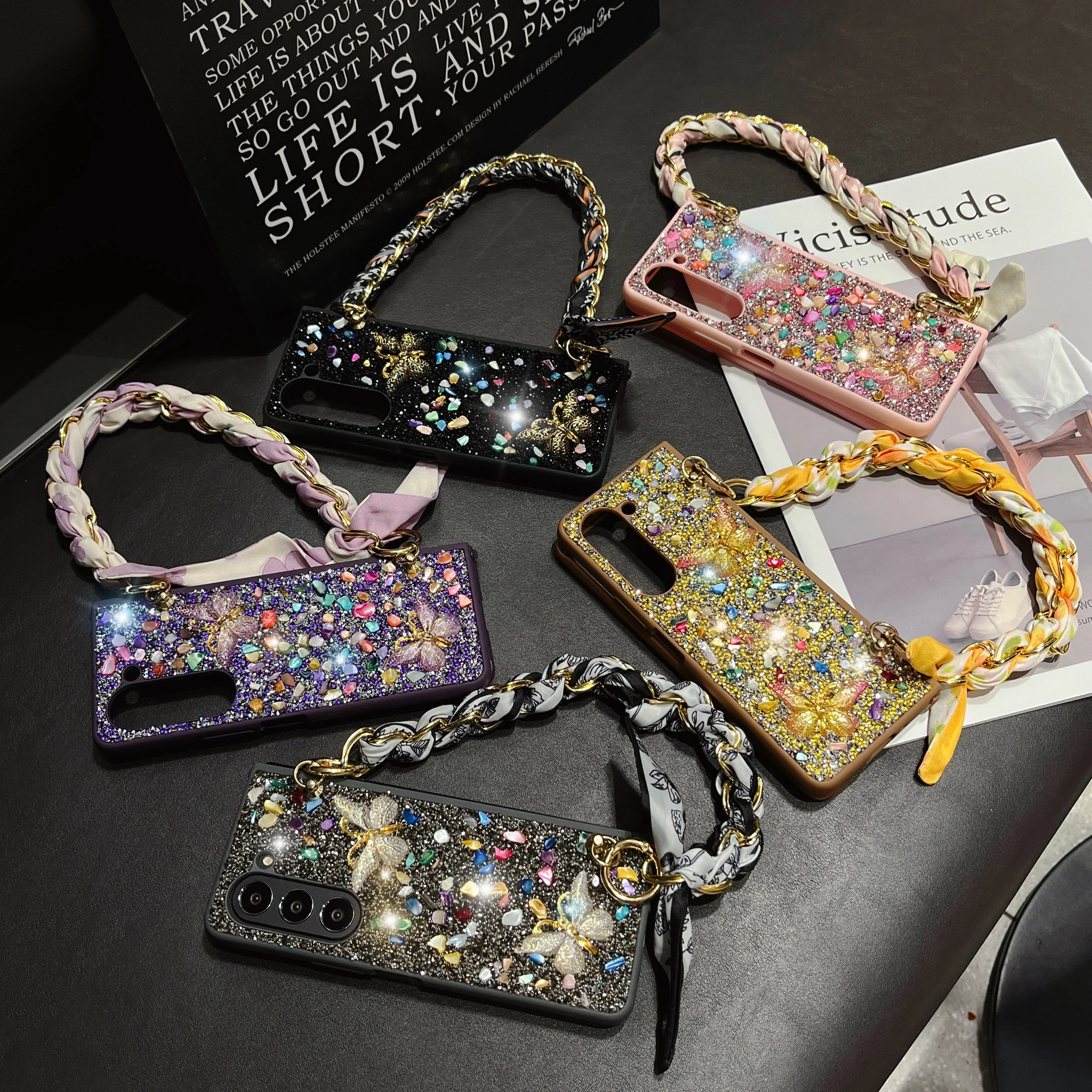 Cute Girl Colorful Butterfly Stone Diamond Glitter Phone Case Cover For Samsung Galaxy Z Fold 3 4 5 6_voghion.com