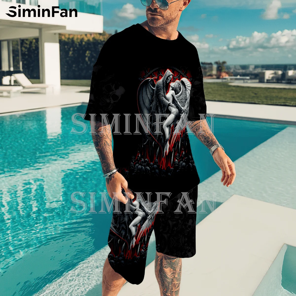 Conjunto de camiseta con estampado 3D de tatuaje de calavera de Ángel diablo para hombre, chándal informal de verano, Camiseta de playa, ropa deportiva de | - AliExpress