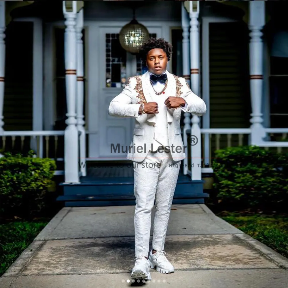 

Белые цветочные костюмы для мужчин, свадебная шаль Laepl, смокинг для жениха, индивидуальный пошив, комплект из 3 предметов, мужской модный кружевной блейзер с бисером для выпускного вечера