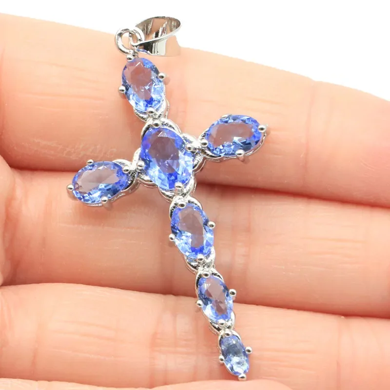 4.5g Real Customized 925 Solid Sterling Silver  PENDANT Long Cross Pink Kunzite London Blue Topaz Violet Tanzanite Woman's Engag
