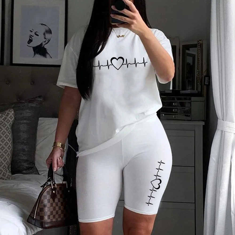 

Summer Short Sleeve Outfit Tracksuits Women Joggers Shorts Two Piece Sets Personality Printed White T-Shirts +Shorts Suits