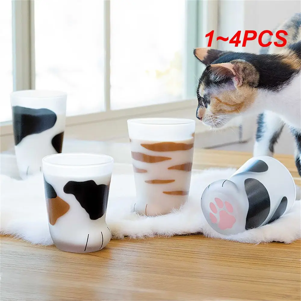 1~4PCS Cat Paw Cup Milk Glass Frosted Glass Cup Cute Cat Foot Claw Print Mug for Coffee Kids Milk Cups Personality
