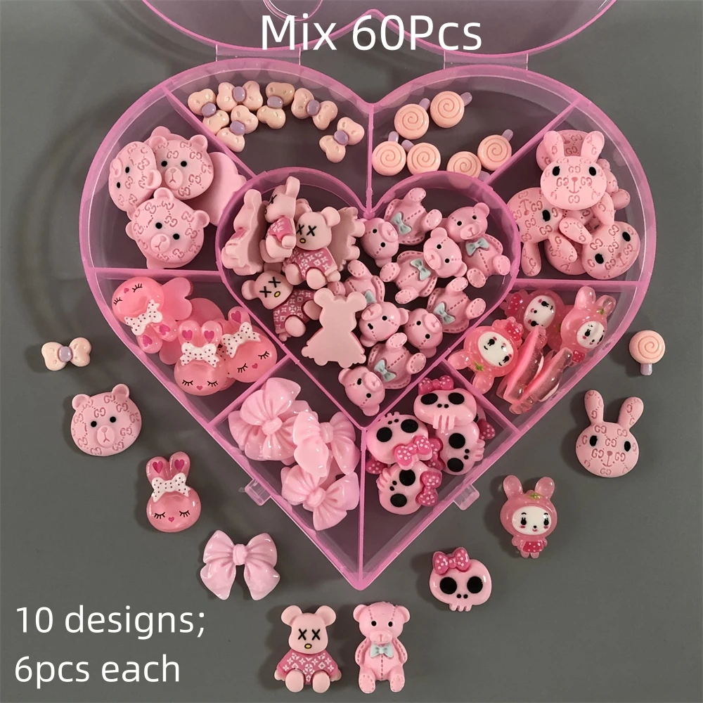 60Pcs/Box Y2k Bow Tie Flower Music Notation Skull Bear Beverage Cup Long NailArt Charms Decorations Junk Phone Case Accessories 6