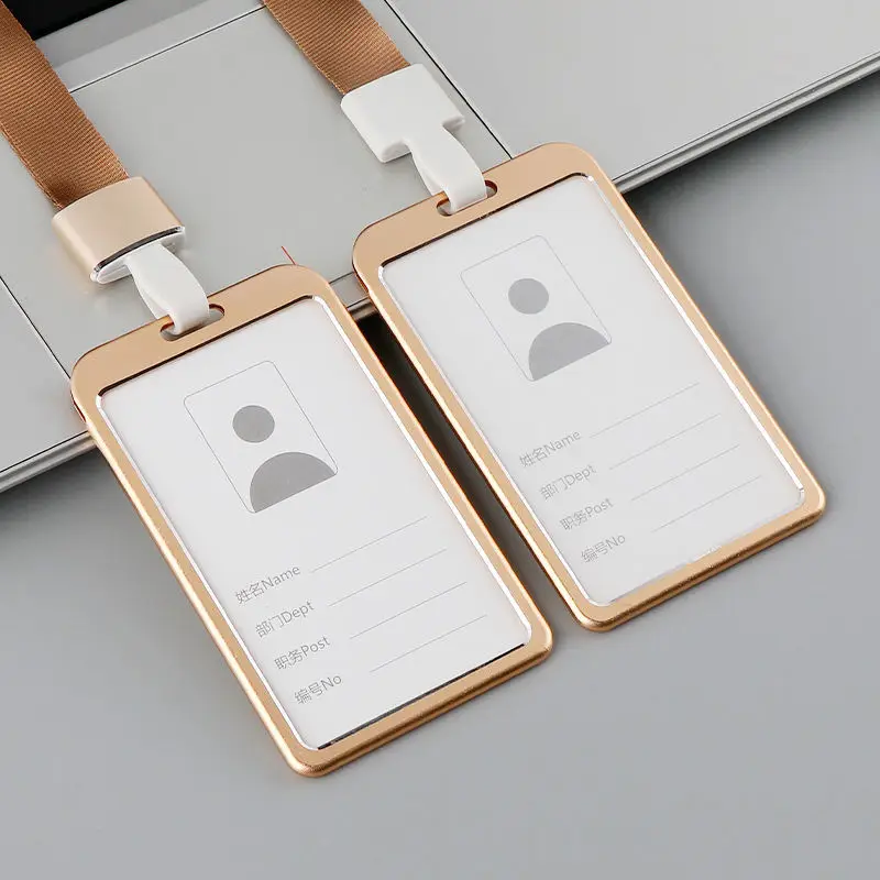 Aluminum Alloy ID Card Holder with Plastic Lanyard Golden & Silver Office Staff Name Pass School Student Credential Badge Holder