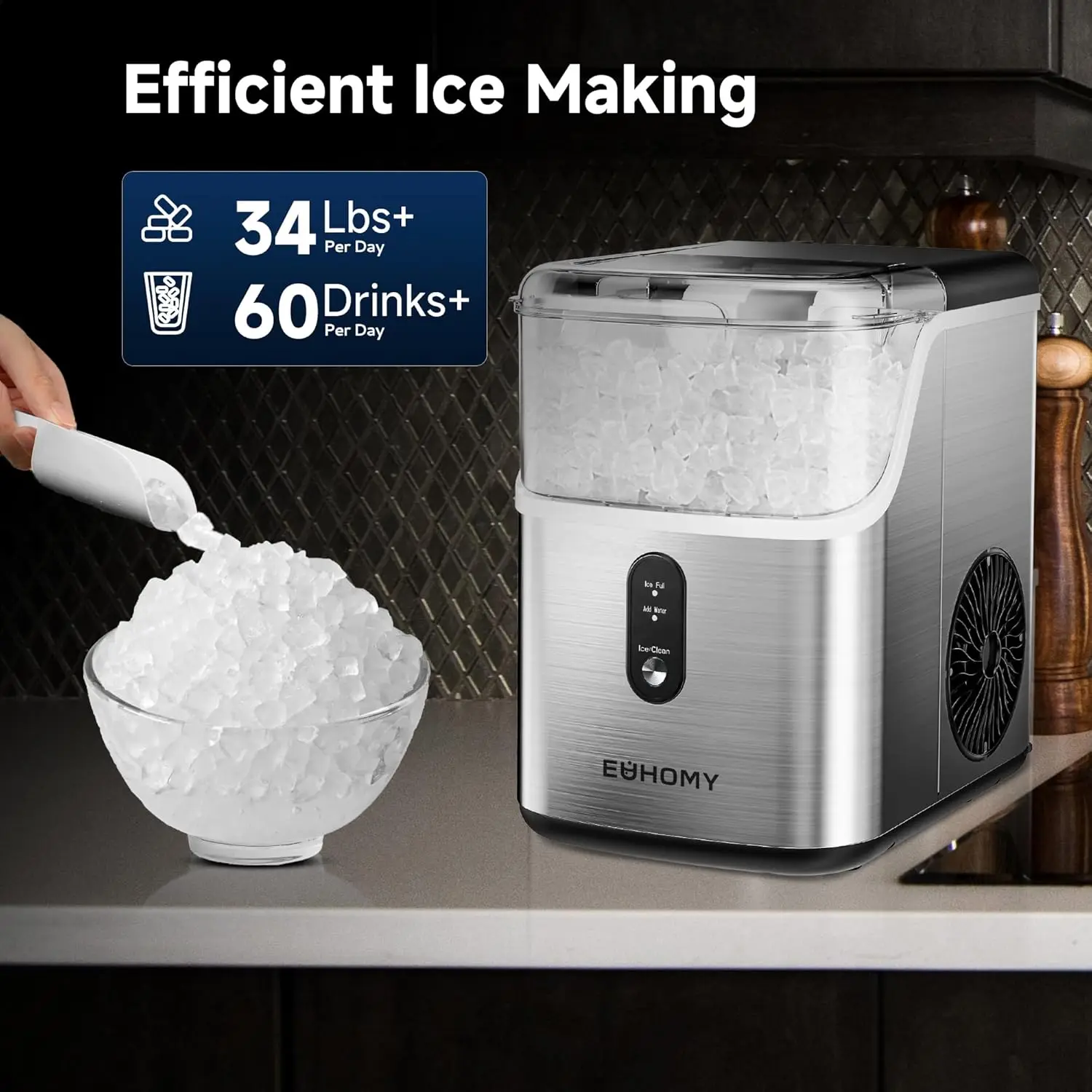 Nugget Makers Countertop, Pebble Maker Machine with 34lbs/24H Soft , Self-Cleaning Sonic Ice Maker with Ice Scoop&Bas 3