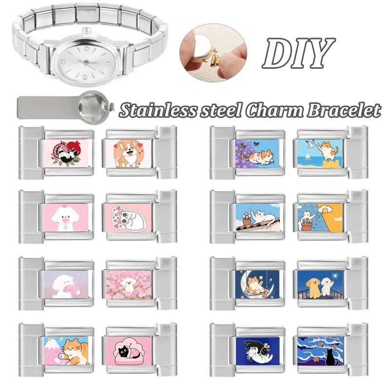Cartoon Cat Dog Watch Connector 9mm Stainless Steel Bracelet