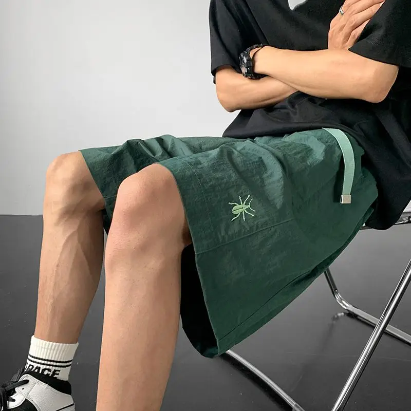 

Fashion Minimalist Summer Shorts Men's Solid Pockets Embroidered Loose Straight Quick Drying Casual Elastic Waist Wide Leg Pants