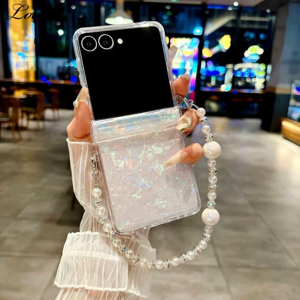 Trendy Shell Pattern Folding Phone Case with Stylish Bead Bracelet - Shockproof Design