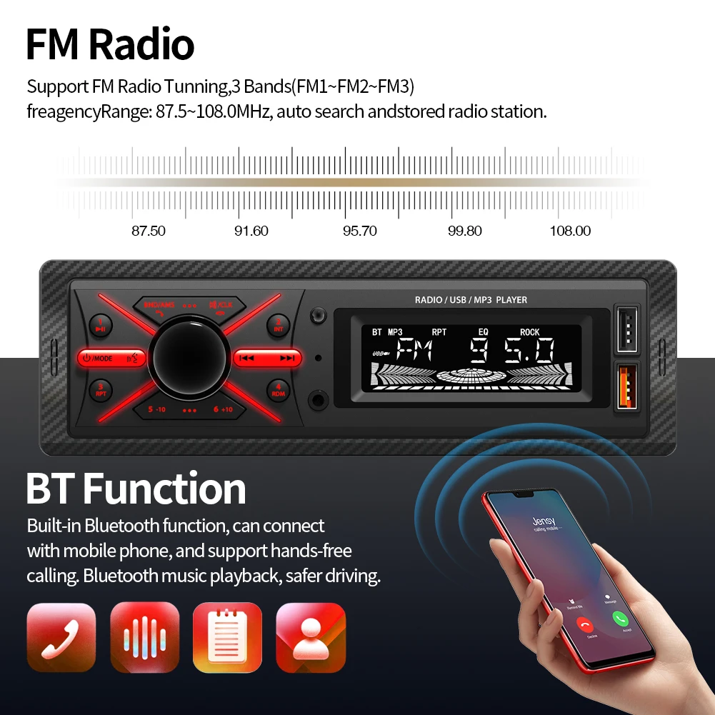 Car Radio 1din Stereo Multimedia MP3 Player Digital Bluetooth FM Audio Music Colorful RGB Light With USB In Dash AUX Input - 5