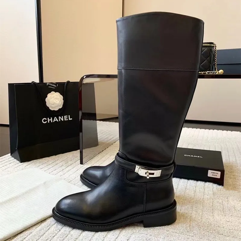 

MKKHOU Fashion Knee Length Boots Women's New High Quality High Quality Genuine Leather Round Head Belt Lock Buckle Ankle Boots