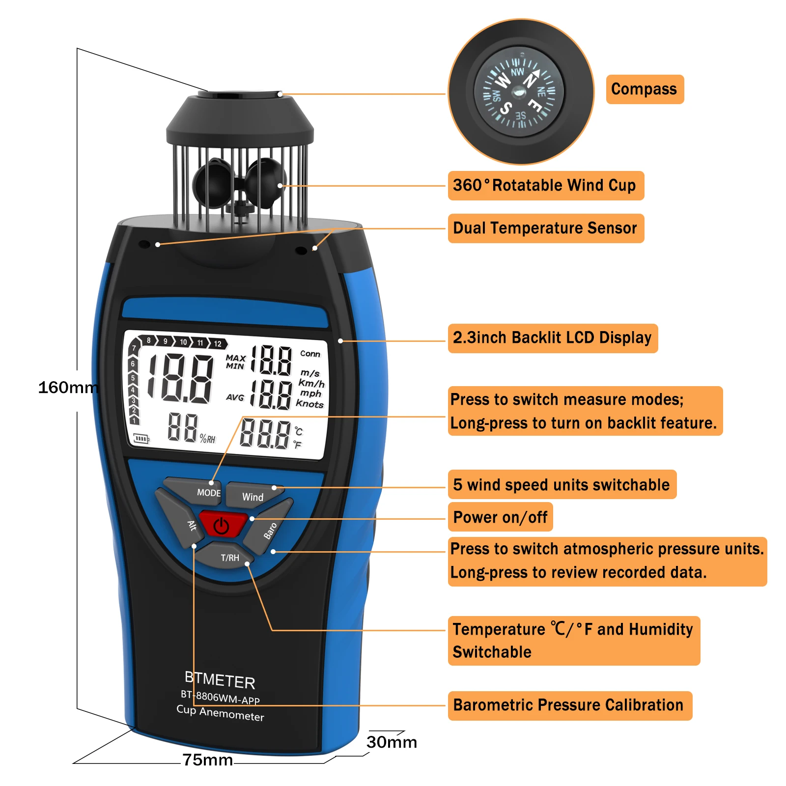 BTMETER 디지털 컵형 풍속계 (앱 포함), 풍속 데이터 로거, 기압계, 온도, 습도, 고도 측정 기능이 있는 공기 흐름계