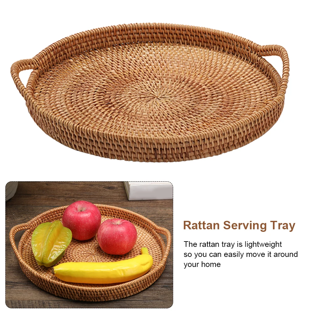 Rattan Serving Tray Round Woven Wicker Basket Decorative Rustic Table Tray with Handles for Serving Dinner Parties Breakfast