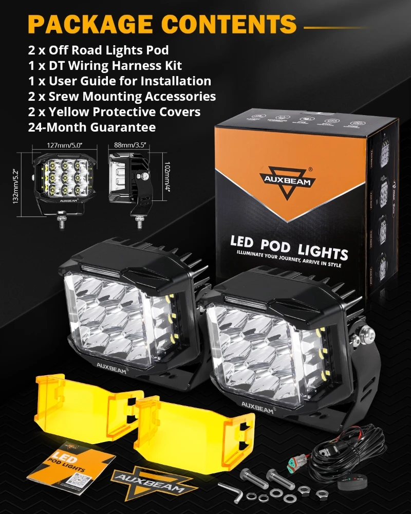 AUXBEAM V-MAX SERIES 4/5/7 inch LED Work Light with Amber Shell COMBO BEAM SIDE SHOOTER Offroad DRL Driving Lamp POD Spot Lamp