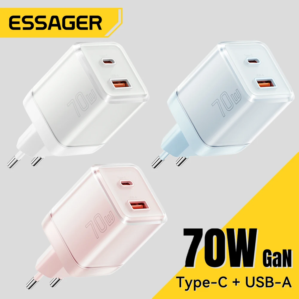 Essager 70W GaN Type C Charger For iPhone 16 15 14 Pro Max MacBook QC4.0 PD3.0 PPS 45W Fast Charging Charger For Samsung Travel