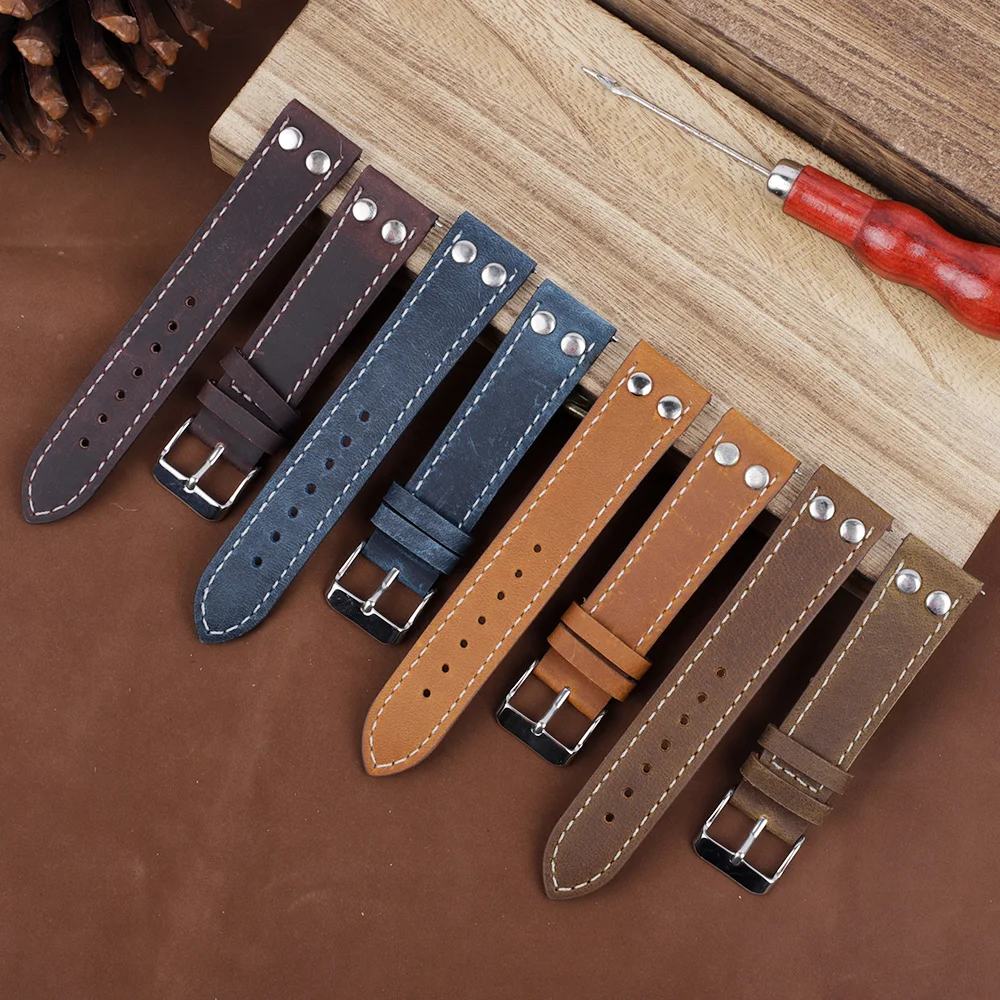 Vintage Coffee Brown Leather Watch Strap with Rivet Pin Buckle