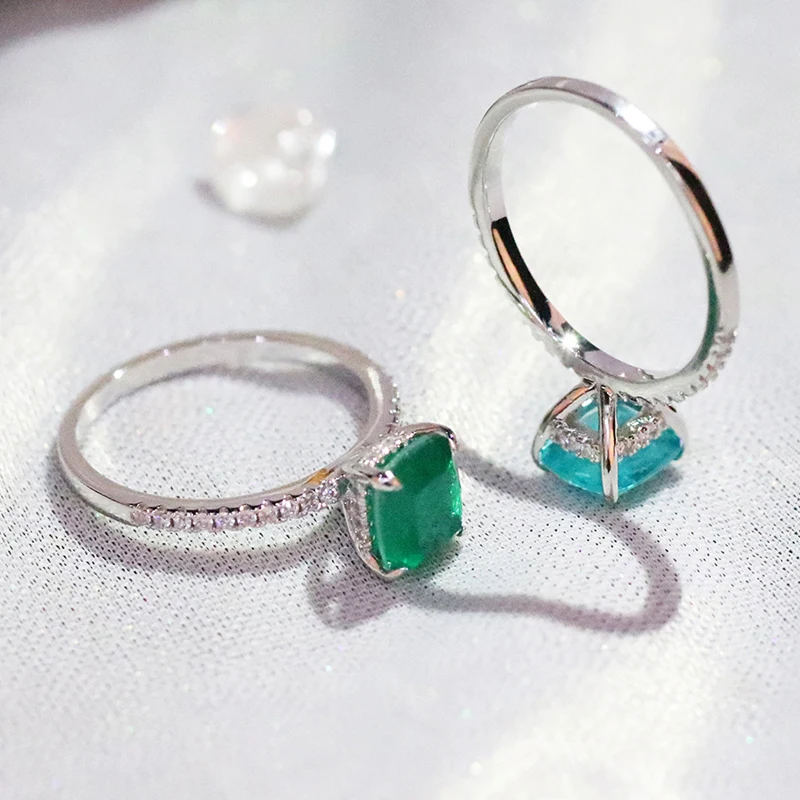 925 Sterling Silver Simple 7X8Mm Blue Tourmaline Paraiba Rings For Women Girls Classic Wedding Statement Ring Party Jewelry Gift