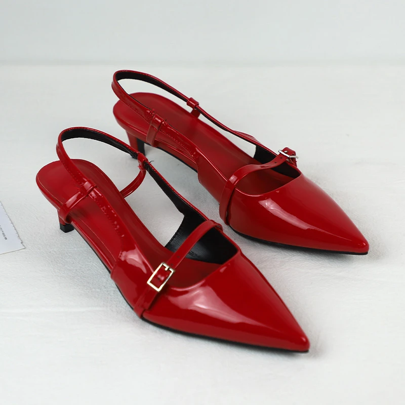 Summer Red Patent Leather Pointed Toe Slingback Sandals for Women Low Heel Design Offers Wear Strap Buckle Trendy Fashion Shoes