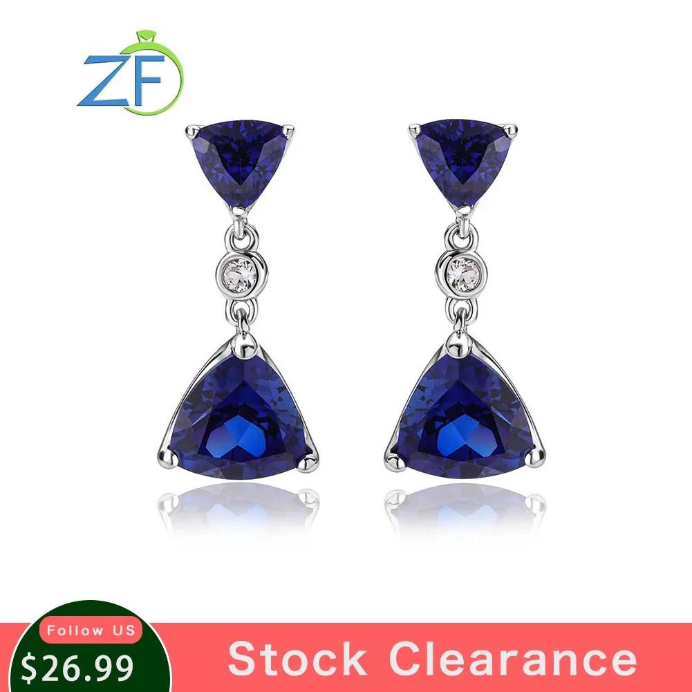 

GZ ZONGFA Pure 925 Sterling Silve Created Sapphire 14K Gold Plated Drop Earrings for Women Triangle Funnel Party Fine Jewelry