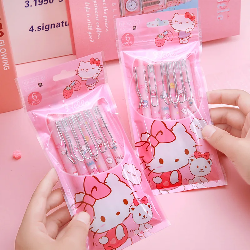 

3/6PCS Set Kawaii Sanrio Roller Ball Pen Cartoon Anime Stationery Hello Kitty 0.5MM Black Pen Student Use Girls Gift