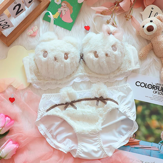 Japanese Girls Cute Lingerie For Women Cartoon Bear Students Plush Sexy Bras  Wireless Thin Bra Set Winter Soft Ropa Interior