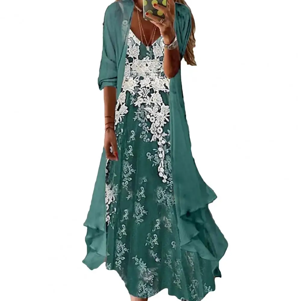 Summer Chiffon 2 Piece Set Dress Cardigan Women 3xl 4xl 5xl