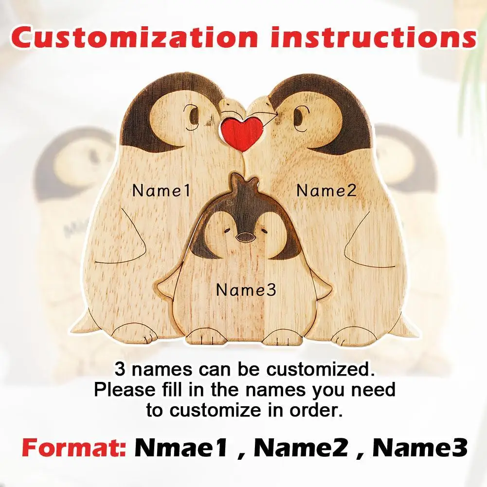 

Free Engraving Personalized Custom penguin Family Wooden Puzzle Christmas Birthday Gift Family Name Sculpture 3 Names Desk Deco