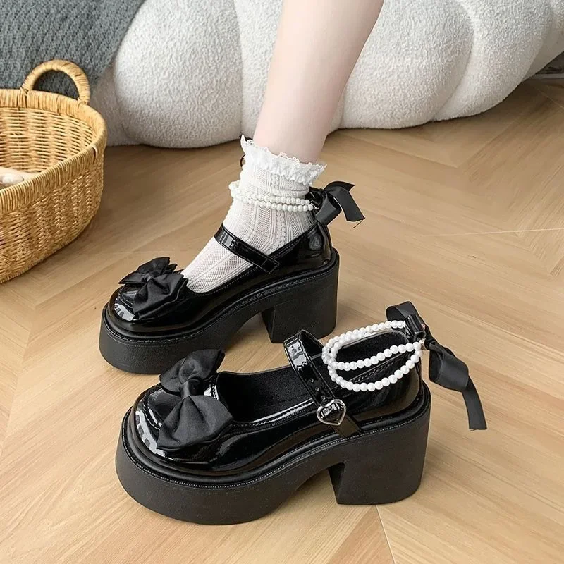 Women's High Heels 2024 High Quality Square Heels Mary Jane Bow Round Toe Buckle Dress Party Women's High Heels Chaussure Femme 3