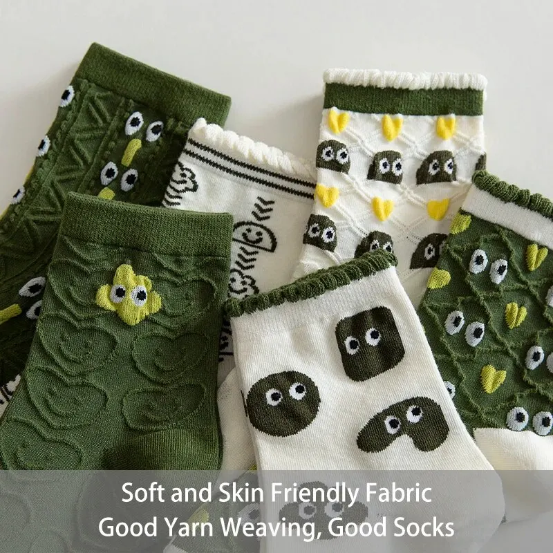 Womens Socks 5 Pairs of Women's Spring and Summer Four-season Green Fun Eyes Personalized Cartoon Comfortable Mid-calf Socks