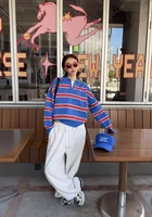 ETJ 2025 Autumn women's new line street style fashion yellow wide stripe polo neck loose version of long-sleeved sweater - Image 4