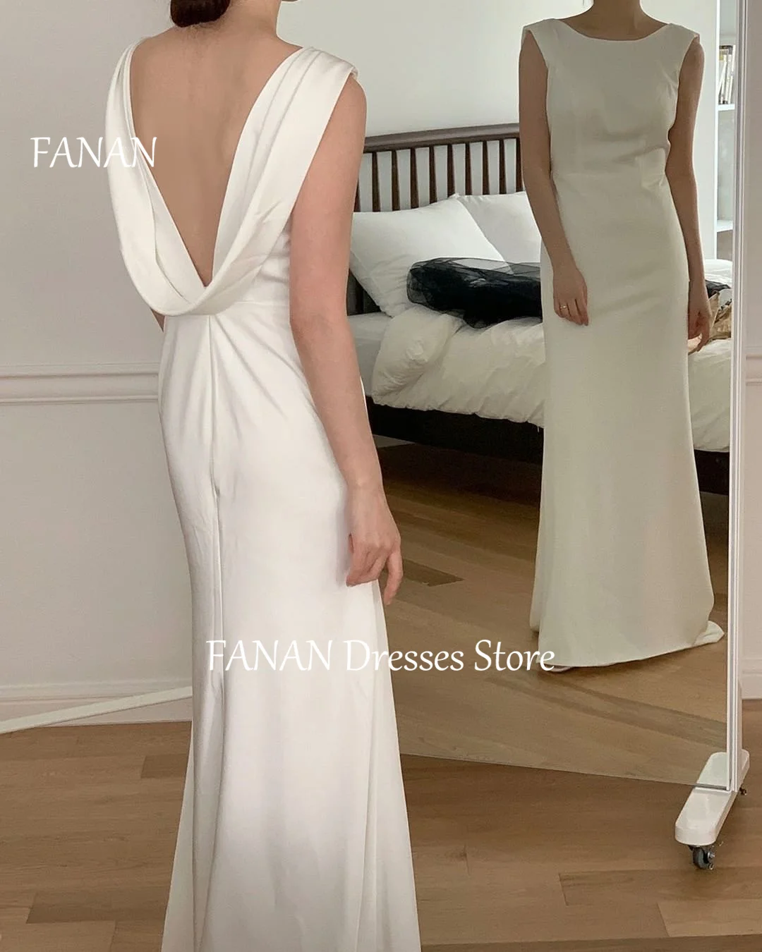 

FANAN Vintage Simple Boat Neck Korea Wedding Dresses Sleeveless Backless 웨딩드레스 Ivory Satin Custom Made Bride Gowns Plus Size
