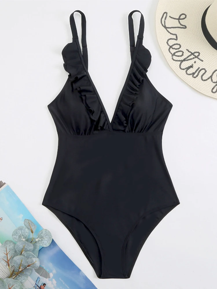 One Piece Swimsuit For Women Swimwear New Monokini Sexy Solid Black Ruffled Beachwear Bathing Suit Female Clothing Summer