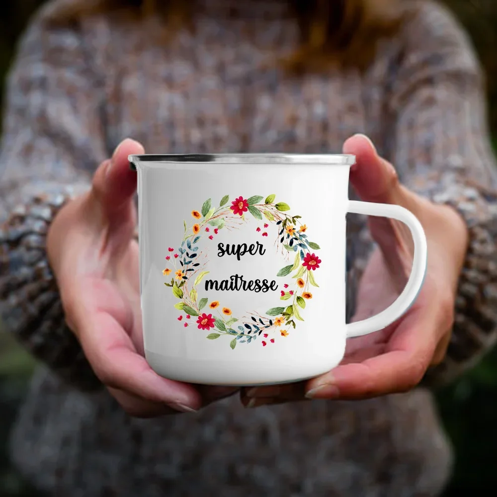 

Super Maitresse In France Printed Enamel Mugs Coffee Cups Drink Wine Juice Mug Dessert Cocoa Milk Handle Cup Best Gift