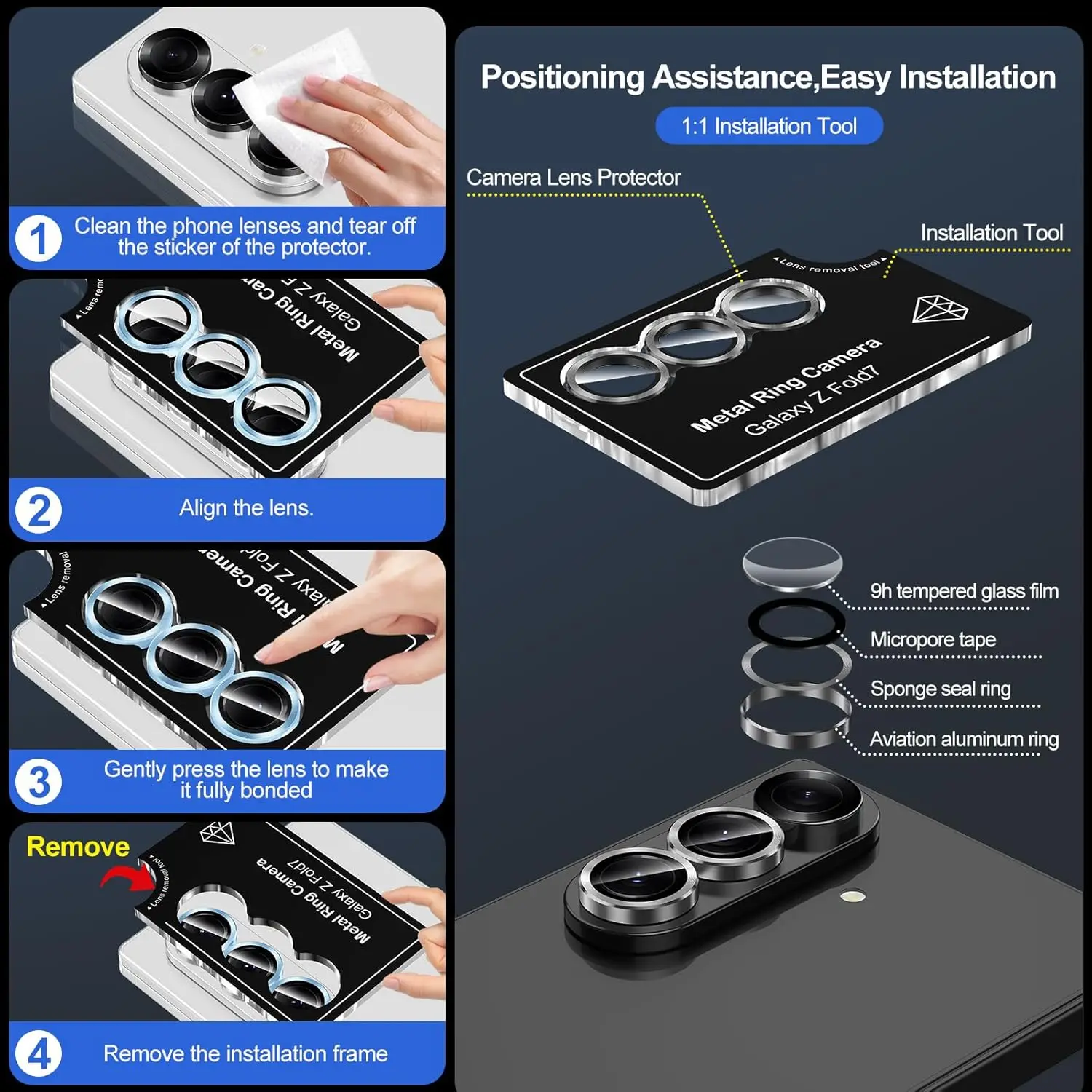 5-1Sets Alloy Metal Ring Glass Camera Lens Camera Lens Protector for Samsung Galaxy Z Fold 7 One-Step Installation Lens Cover