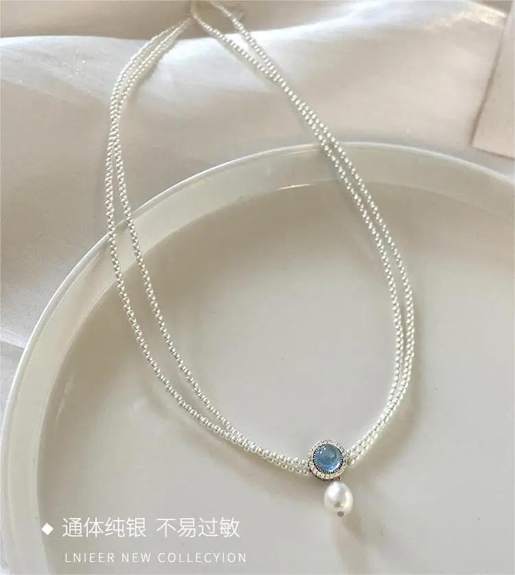 Natural Aquamarine Pearl Necklace For Women 2024 New Clavicle Double Layer Chain Pendant Jewelry Gift