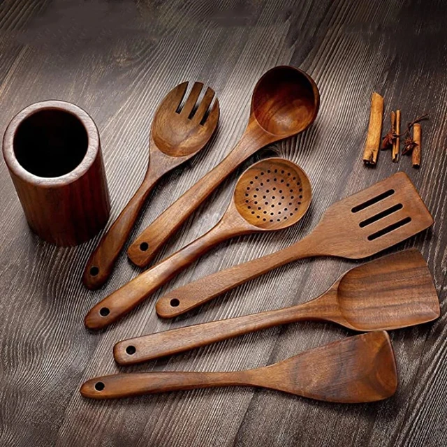 Wooden Spoons for Cooking,7Pcs Wooden Utensils for Cooking Teak Wooden  Kitchen Utensil Set Wooden Cooking Utensils Wooden Spatula for Cooking