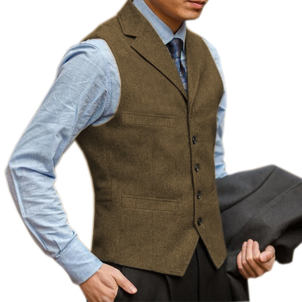 Men's British Herringbone Tweed Suit Vest Business Formal Dress Waistcoat Notch Lapel Sleeveless Casual Vest