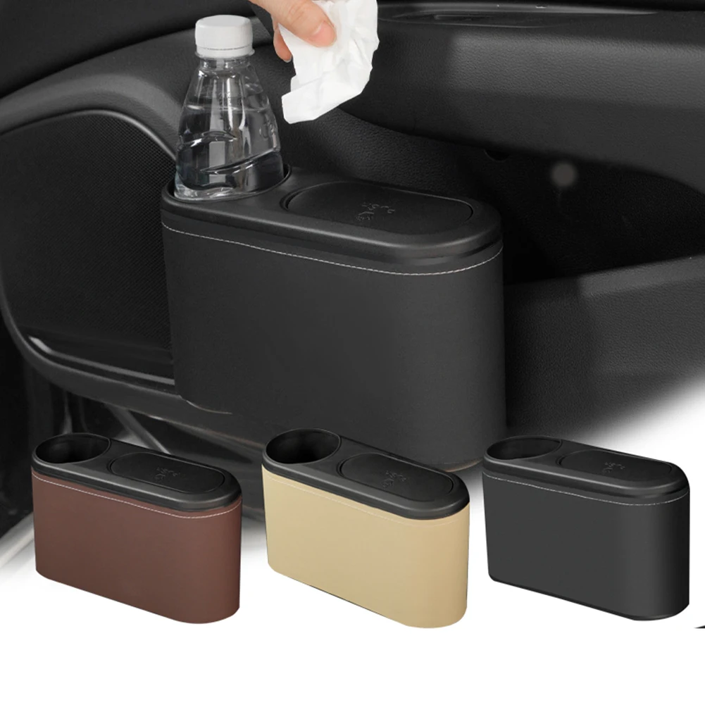 

Car Trash Can Hanging Trash Bin Leather ABS Pressing Hard Garbage Box Universal Car Trash Can Automobiles Interior