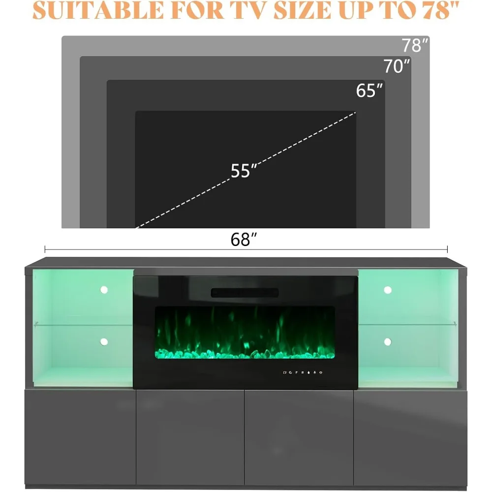 Modern High Gloss 68" Fireplace TV Stand,Entertainment Center for TVs Up To 78",TV Console Cabinet with Adjustable Glass Shelves 6
