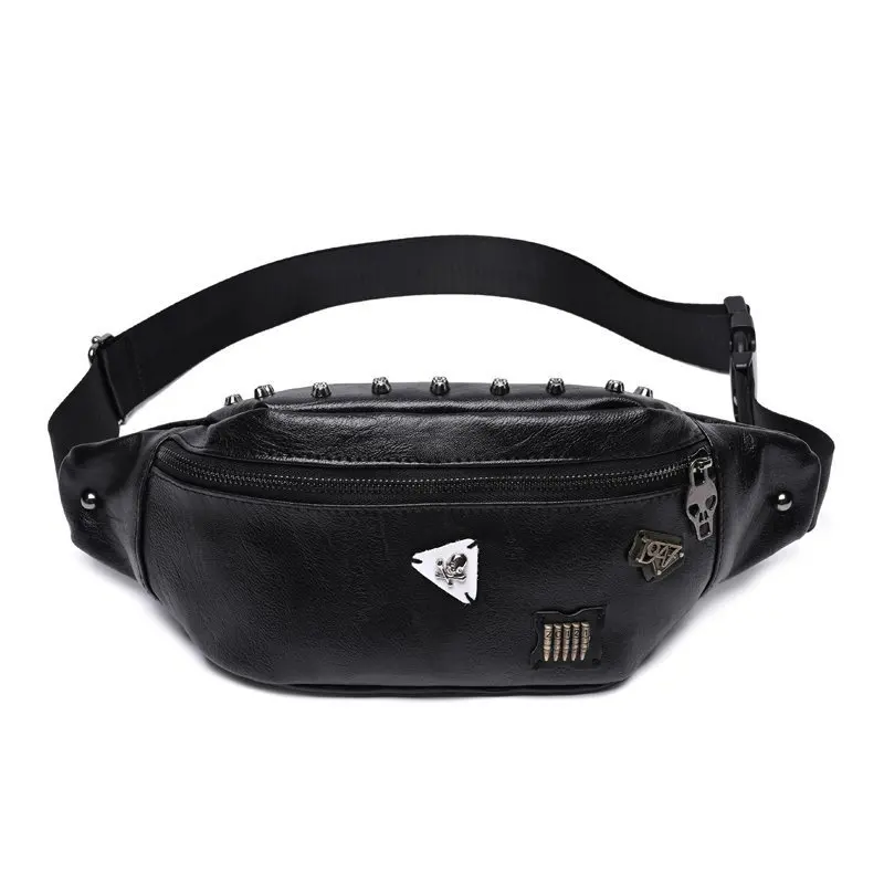 Gothic Waist Bag Fanny Pack Leather Steampunk Bag Purse Chain Leg Bag  Crossbody Shoulder Messenger Hip Pouch (Black 038)